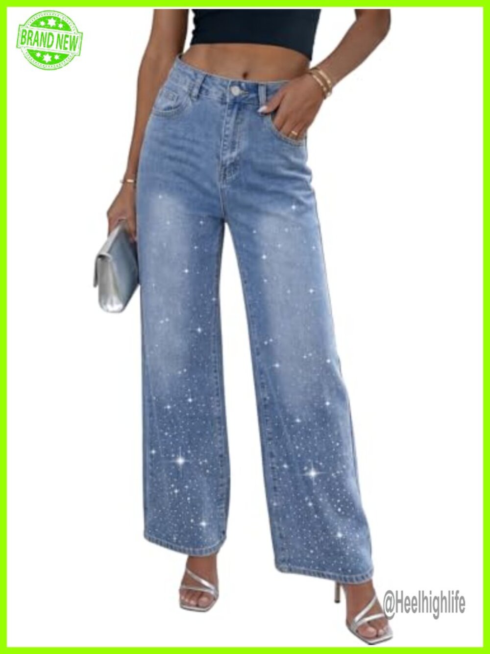 Rhinestone High Waisted Wide Leg Baggy Y2K Jeans Festival Night Out